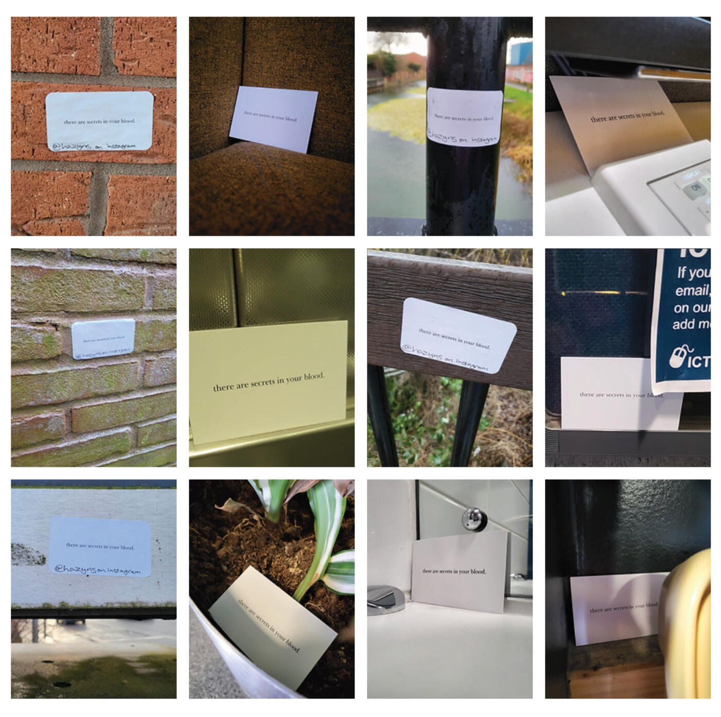 A collage of twelve photographs showing printed cards and stickers with the phrase “there are secrets in your blood” placed in various public and everyday locations—on brick walls, fabric chairs, metal poles, plant pots, fences, and more. The cards are par