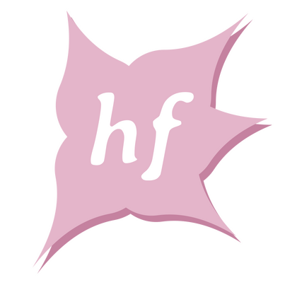 Abstract pink starburst shape with soft, uneven points and a subtle shadow effect. Centered white lowercase letters “hf” are set in a gentle, serif-style font. The design is minimalist and whimsical, reflecting a creative, artistic identity.